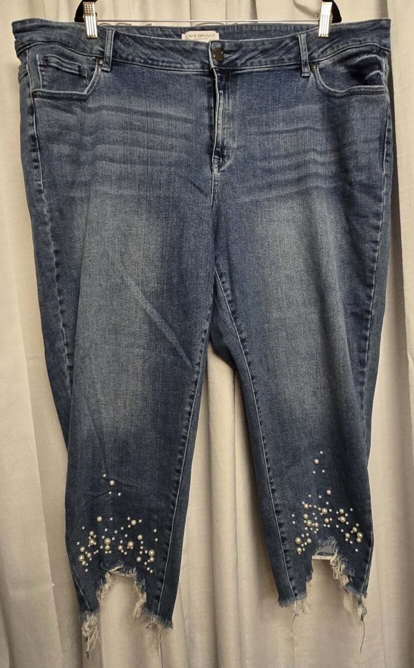 Lane Bryant Women's Plus Size 24 Blue Skinny Stretch Denim Jeans Pearl Frayed